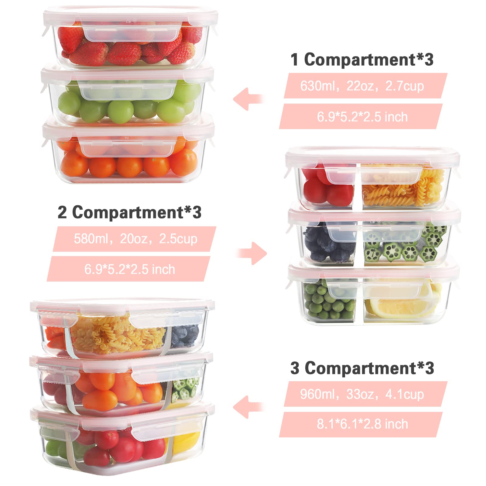 Bayco Paquete de 9 recipientes de vidrio para preparación de comidas, 3, 2 y 1 compartimento, recipientes de vidrio para almacenamiento de alimentos con tapas, cajas bento de vidrio herméticas, sin