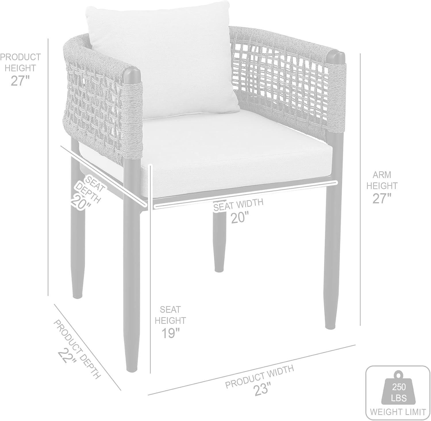 Armen Living Felicia Outdoor Patio Dining Chair in Aluminum with Grey Rope and Cushions - Set of 2