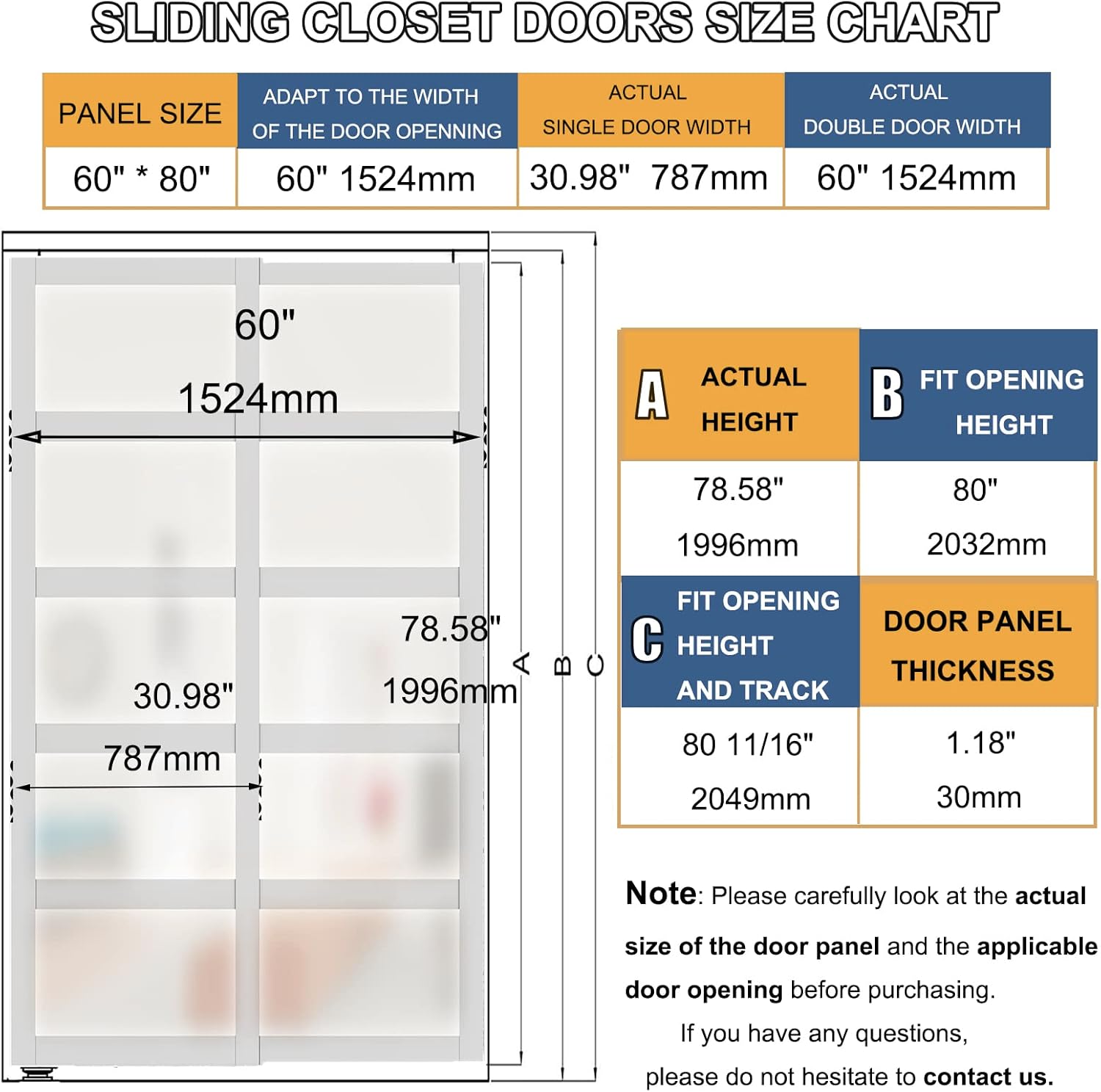 Detailed size chart for the sliding closet doors, showing panel dimensions and recommended opening sizes in both inches and millimeters.