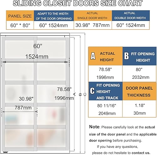Miniatura 3 de Puerta corrediza de armario, 60 pulgadas (doble 30 pulgadas) x 80 pulgadas, puerta corredera de vidrio esmerilado 5-Lite con kit de riel de hardware