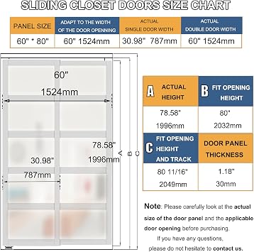 Double Sliding Closet Door, 120''(Double 60) x 80, 5-Lite Frosted Glass Sliding Door with Hardware Track Kit & Floor Guide, Pre-Drilled Door Panel Need to Assemble, MDF, White
