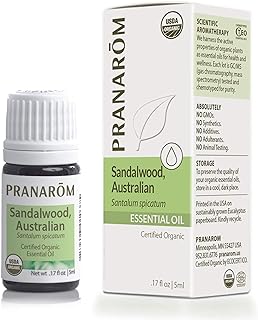 Pranarom USDA Certified Organic Australian Sandalwood Essential Oil (5ml), 100% Pure Natural Therapeutic Grade for Home Diffusing, Aromatherapy, Skincare, Candle Making, DIY Perfumes