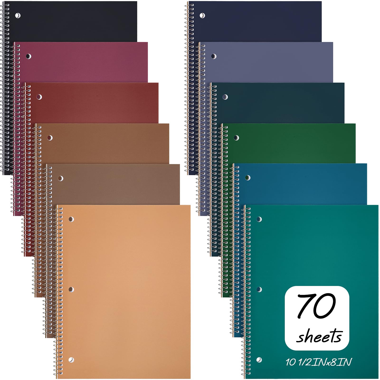 Teling 1 Subject Spiral Notebook for Work College Ruled 8 x 10 1/2 Inch Spiral Journal Notebook 3 Hole Divider Pockets Easy Tear Line 70 Sheets Office School Study Supplies(Classic Color,12 Pcs)