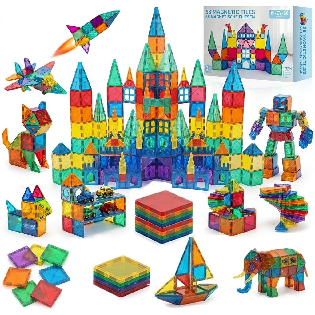 SURFOU Costruzioni Magnetiche 58 Pezzi, Blocchi da Costruzione Giocattoli Educativi STEM Montessori per Bambini 3-7 Anni, Giochi Educativi Creativi, Regalo Perfetto Ragazzi e Ragazze