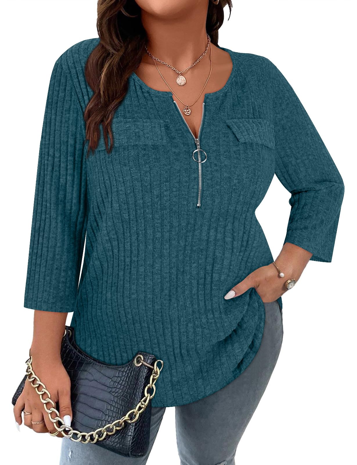 Viracy Women Plus Size Sweaters 3/4 Sleeve Zip V Neck Ribbed Solid Color Casual Blouses Tops XL-5XL
