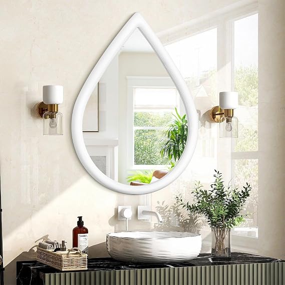 Wall Mirror Decorative Rustic Wood Framed Irregular Farmhouse White Hanging Mirror for Bedroom & Bathroom - Teardrop Shape, 50x40cm