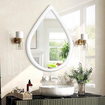 Wall Mirror Decorative Rustic Wood Framed Irregular Farmhouse White Hanging Mirror for Bedroom & Bathroom - Teardrop Shape, 50x40cm