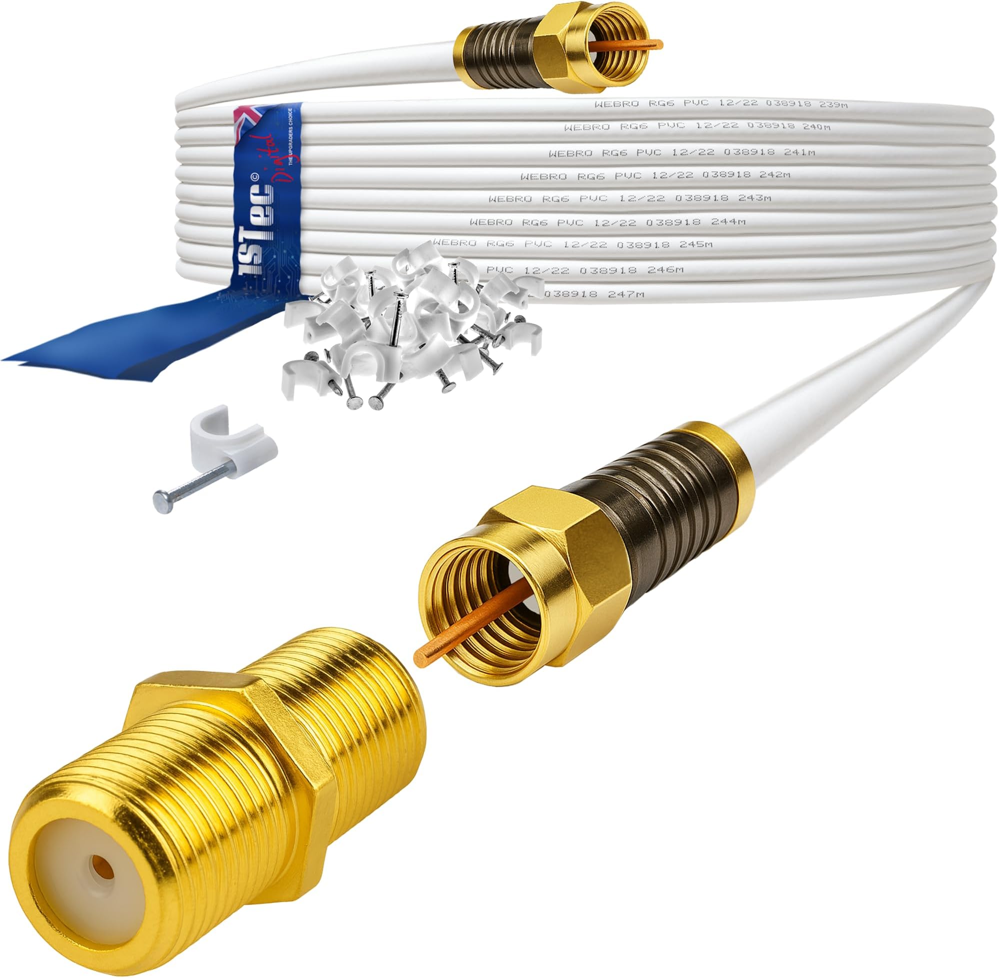 10m Gold Plated Premium Virgin Media Extension Cable with Webro Cable included Clips + Female Joining Coupler for V6 TIVO Set Top Box or VIVID Fibre Super Hub Broadband Modems (10 Metre, White)