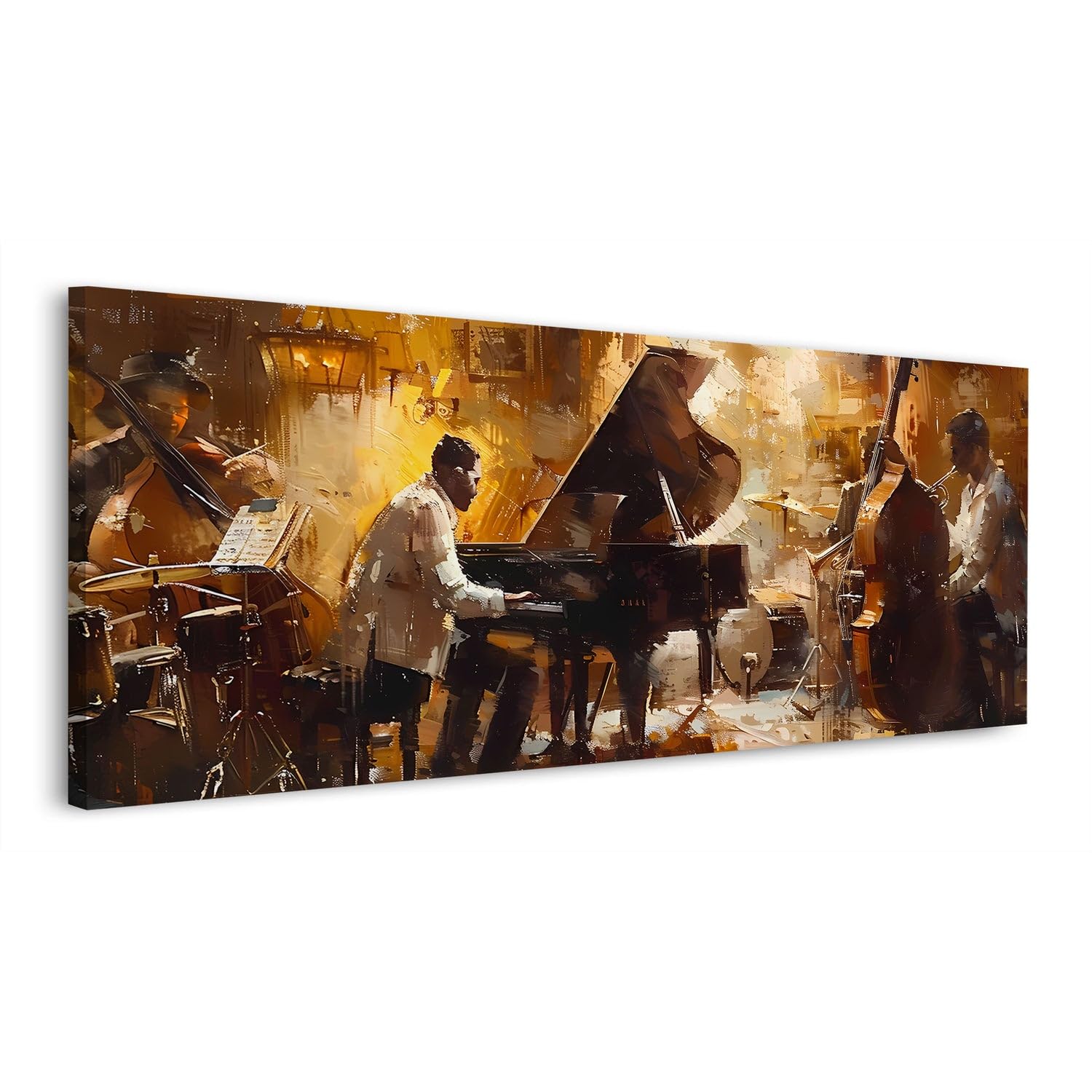 ARTEDinoi Jazz Band Ölgemälde Klavier Kontrabass Bühne Leinwandbild XL | Jazz-Band mit Klavier und Kontrabass