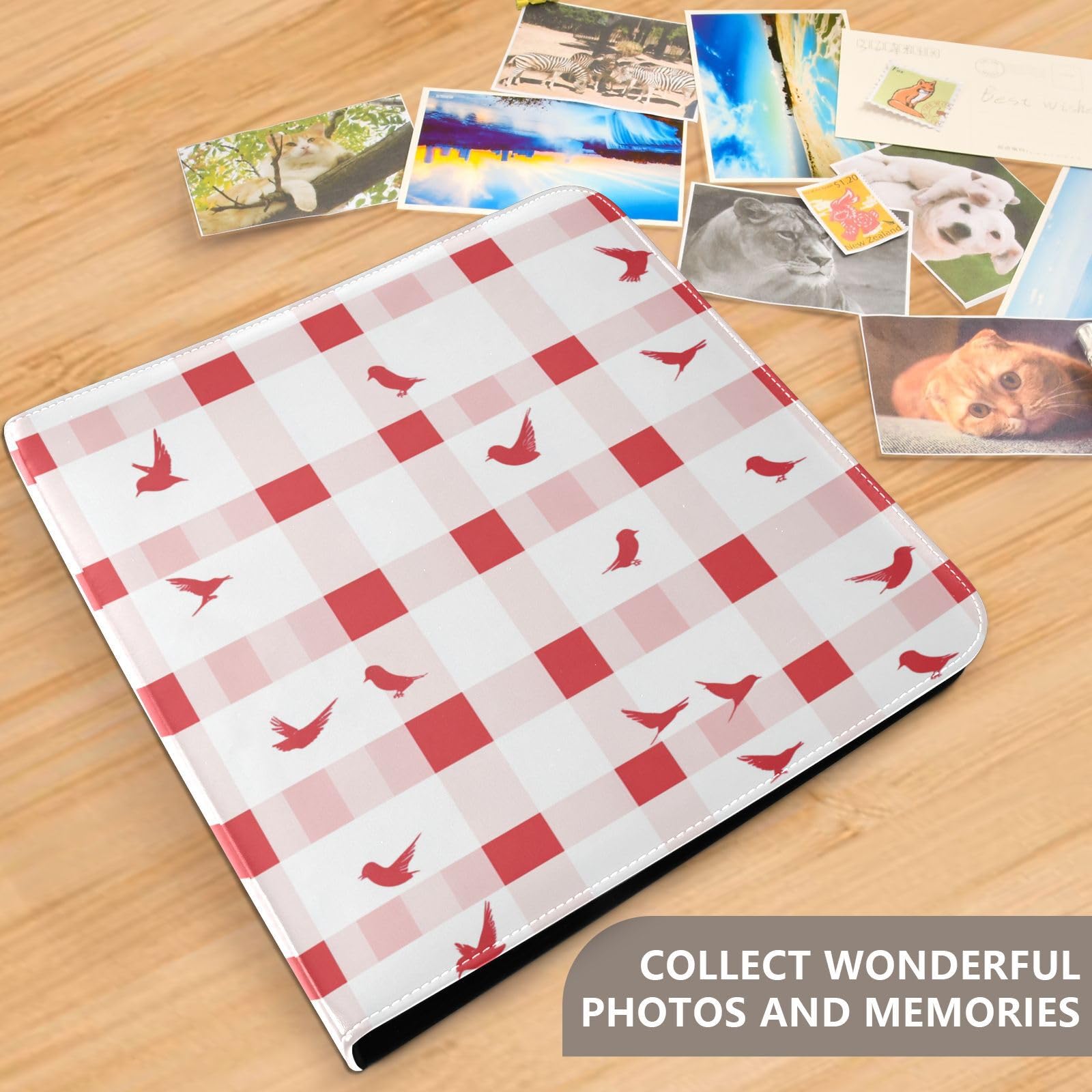 Álbum de fotos familiares de pájaros blancos y rojos, páginas autoadhesivas para fotos de todos los tamaños, fotos de 4 x 6, 5 x 7, 6 x 8 pulgadas