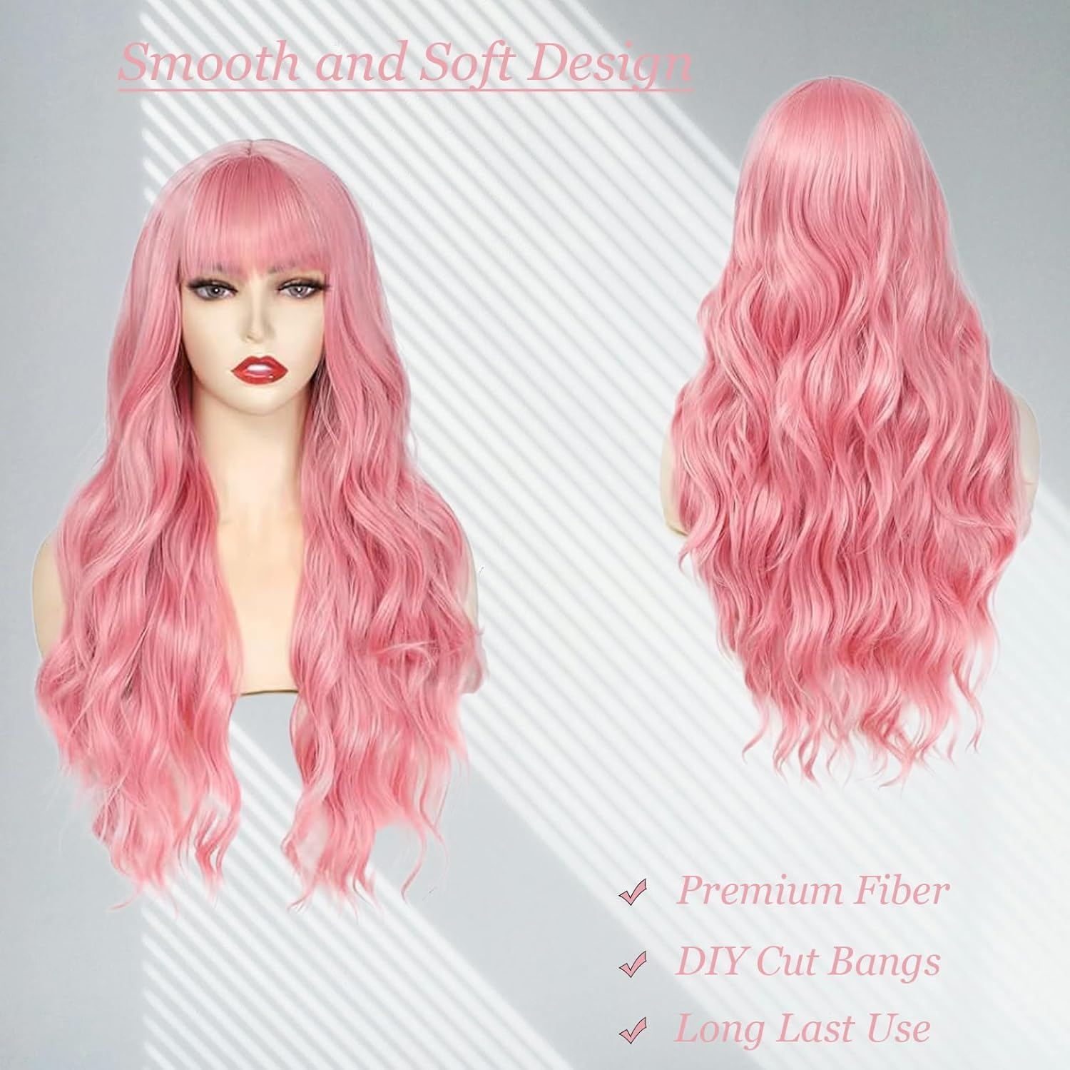 Lovenia Long Pink Wig with Bangs 26'' Long Wavy Hair for Women Middle Part Wigs Pastel Pink Wigs for Women Heat Resistant Synthetic Fiber Halloween Cosplay Wig - Image 2