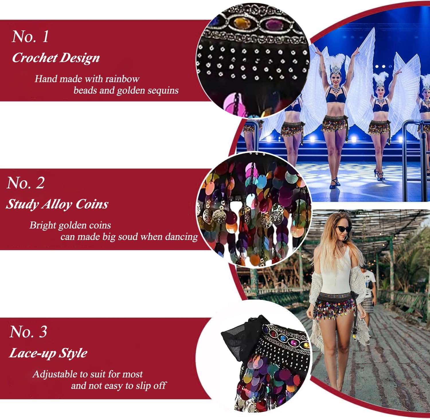 Belly Dance Hip Scarf Coins Plus Size Fringe Skirt, Sequin Fringe Skirt Belly Dancer Costumes for Women - Image 4