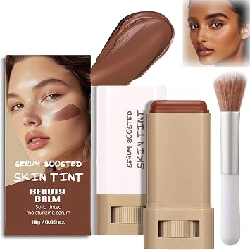 Beauty Balm Serum Boosted Skin Tint with Brush   Hydrating Tinted Moisturizer Foundation & Portable Contour for Face Makeup, Full Face Concealer with Lightweight Radiant Glow Korean Beauty #2 Mocha