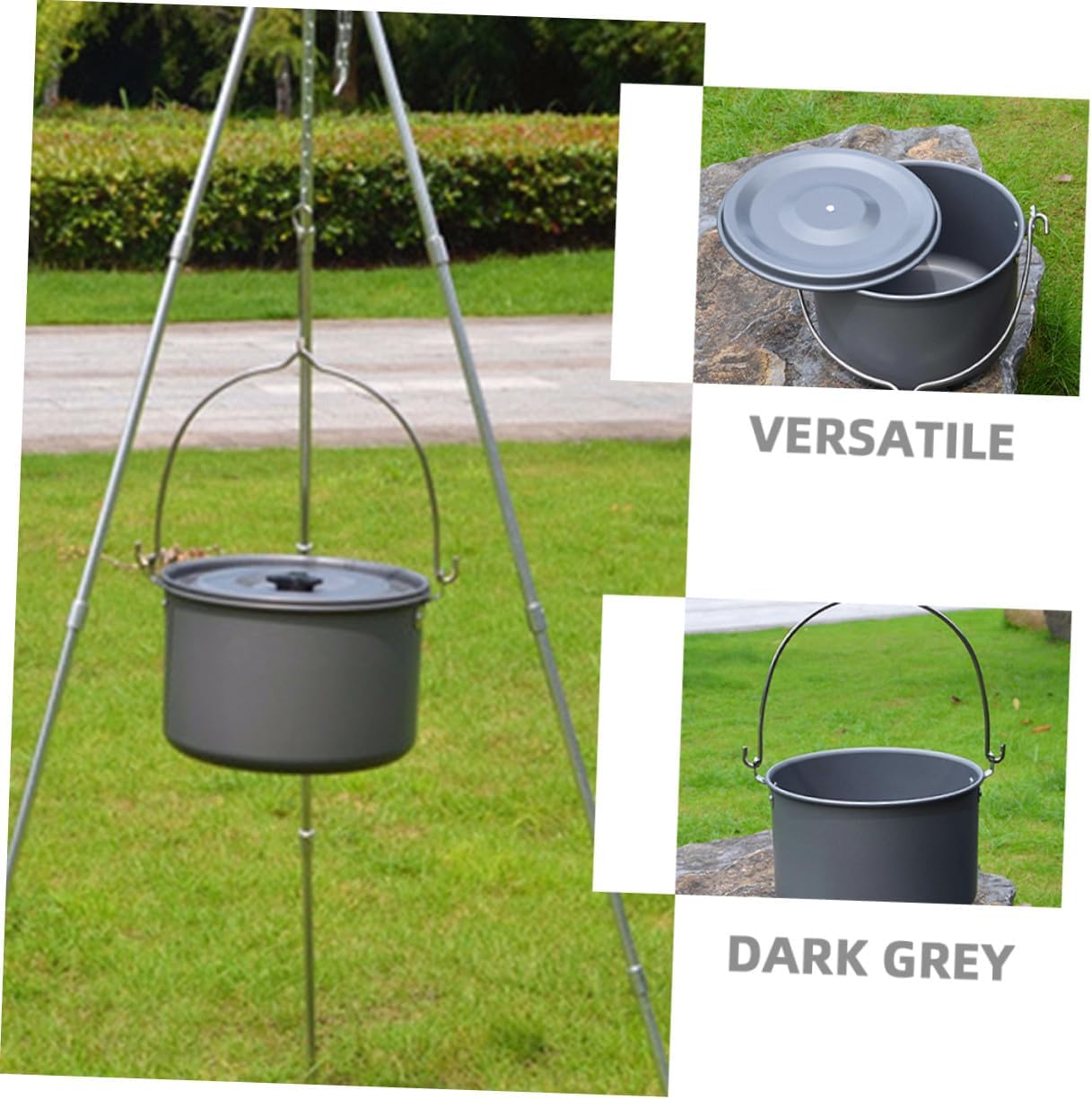 Portable Aluminum Camping Hanging Pot with Lid Uniform Heat Distribution Lightweight Cookware for Outdoor Cooking Bbqs Picnics Hiking Serves People