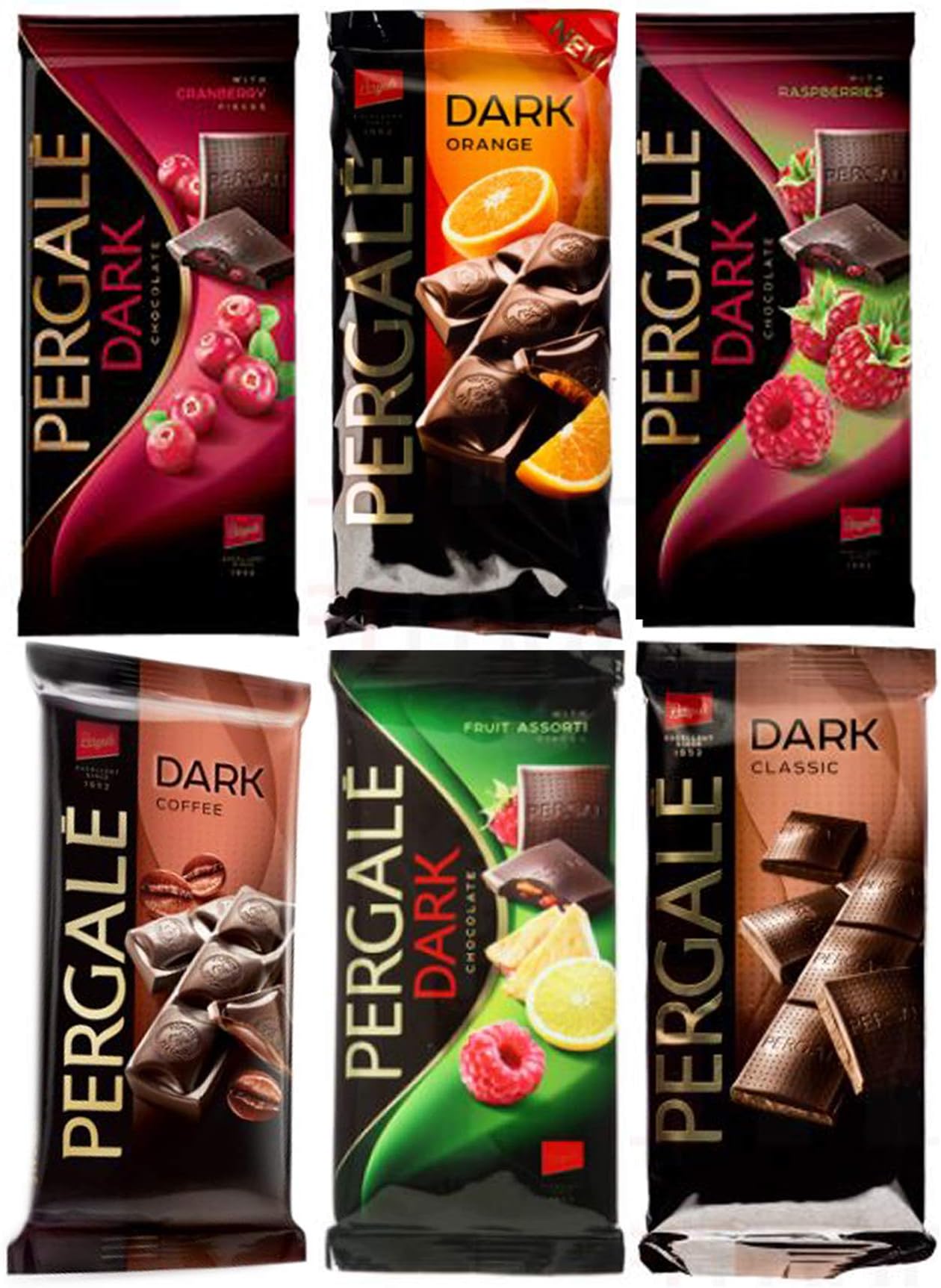 Pergale Chocolate - Super Variety - 1 Of Each With Cranberry, Raspberry Pieces, Orange,Coffe Filling, Assorted Fruit,Original Dark - Each 3,2 Oz
