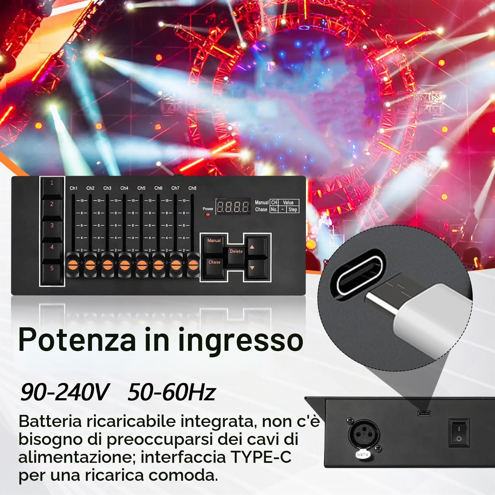 Controller DMX5102, Console di Controllo Luci a 40 Canali con 8 Fader e 5 Modalità Programmabili Controller DJ con 5 Effetti CHASE e Uscita DMX a 3 Pin per Illuminazione da Palco Spettacoli dal Vivo