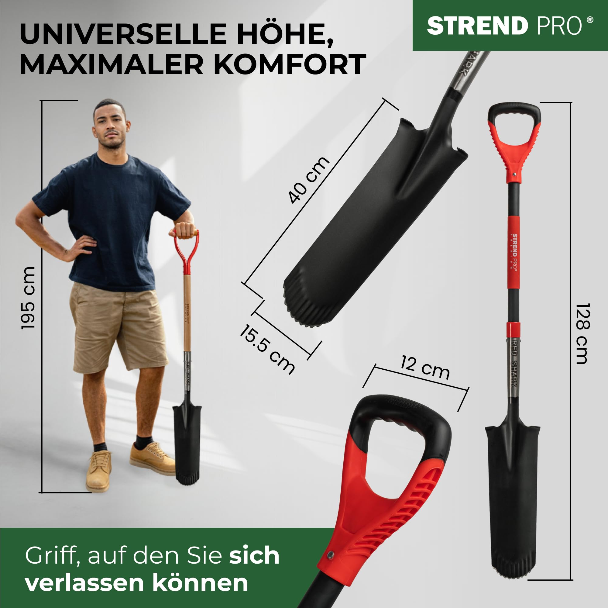 STREND PRO Spaten | Premium RedShark Gärtnerspaten | Drainagespaten mit Fiberglasstiel | D Spatenstiel | Schmal Spaten für Garten mit Stabiler Stahlkopf |für Harte, steinige Böden| Wurzelspaten
