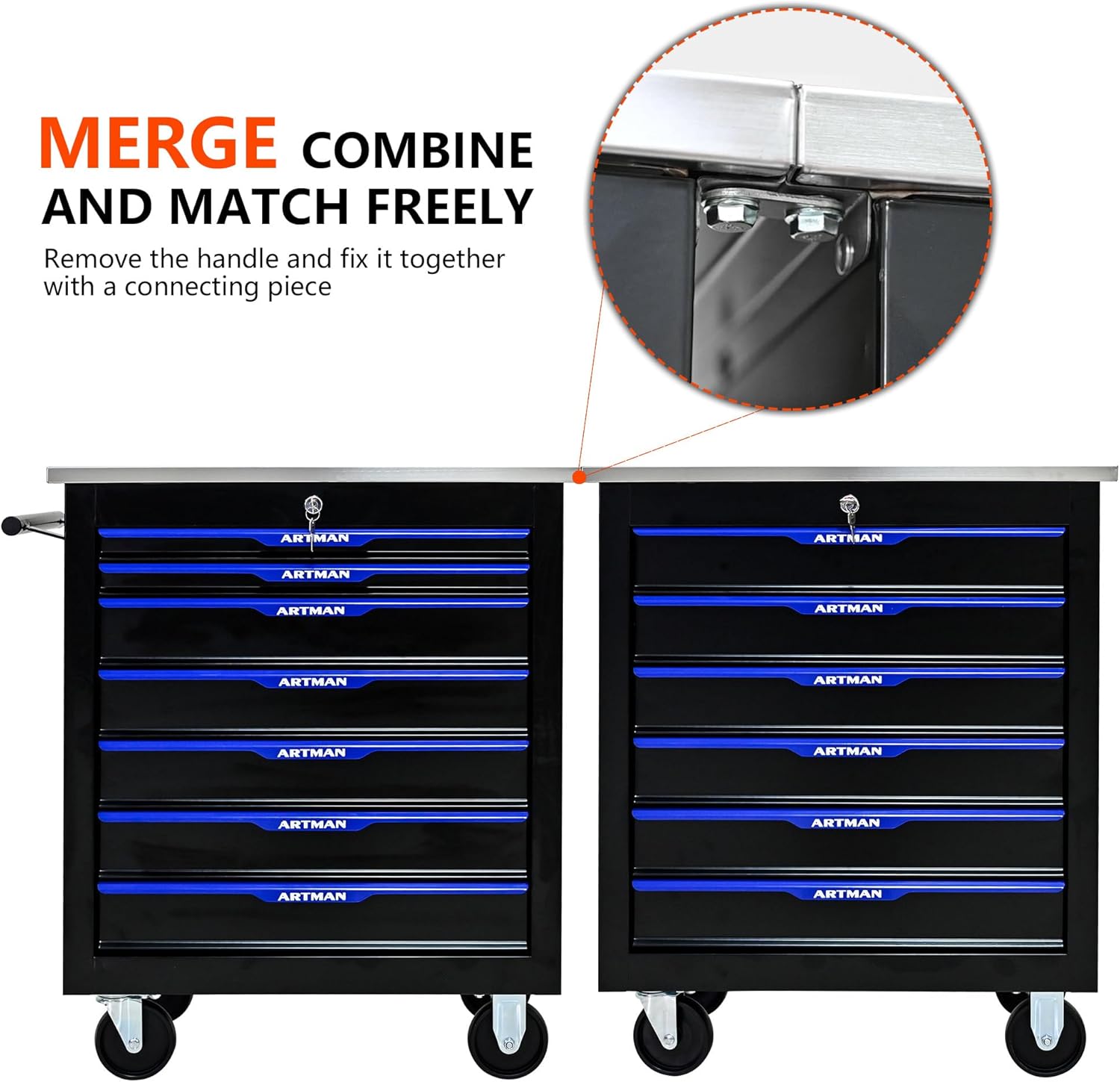 7 Drawers Rolling Tool Box on Wheels, Stainless Steel Countertop Multifunctional Tool Chest Cabinet with Lock, Drawers Rolling Tool Cart Trolley Organizer Tool Storage Case for Garage,Warehouse