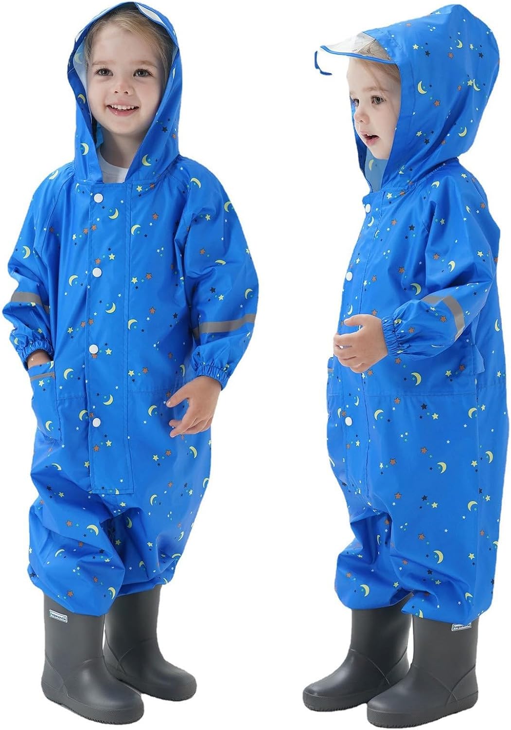 Kids Rain Suit Toddler Boys Girls One Piece Raincoat Waterproof Coverall Lightweight Cute Snap-Button Rain Jacket