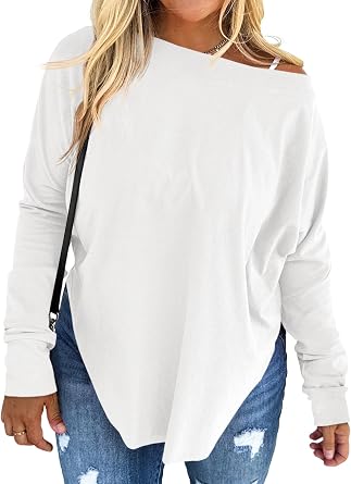 Beautife Womens Plus Size Tops Off Shoulder Long Sleeve Loose T Shirts Casual Curved Hem Tunics Tee Shirt