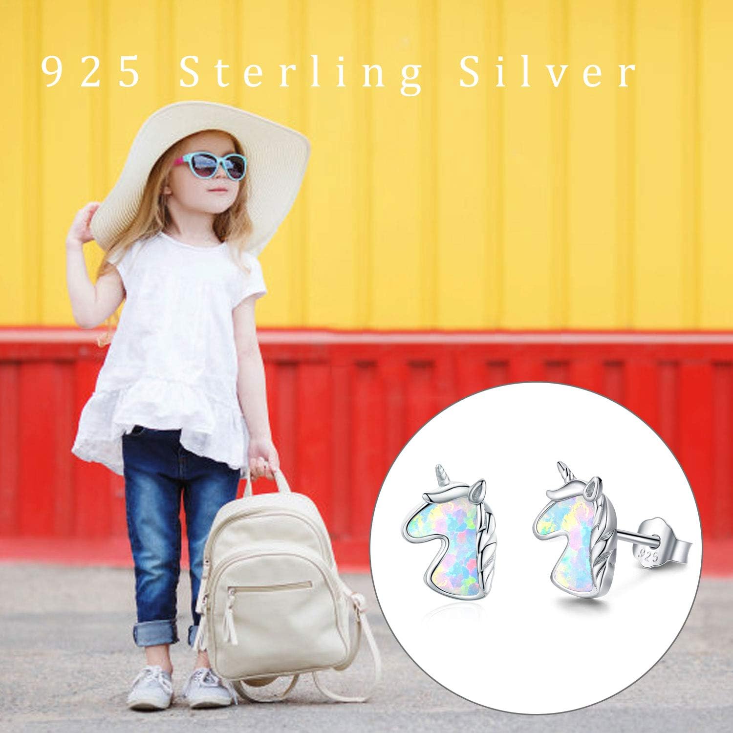 Unicorn Stud Earrings S925 Sterling Silver Hypoallergenic Created Opal Earrings Cute Unicorn Gifts for Women Daughter Birthday Present