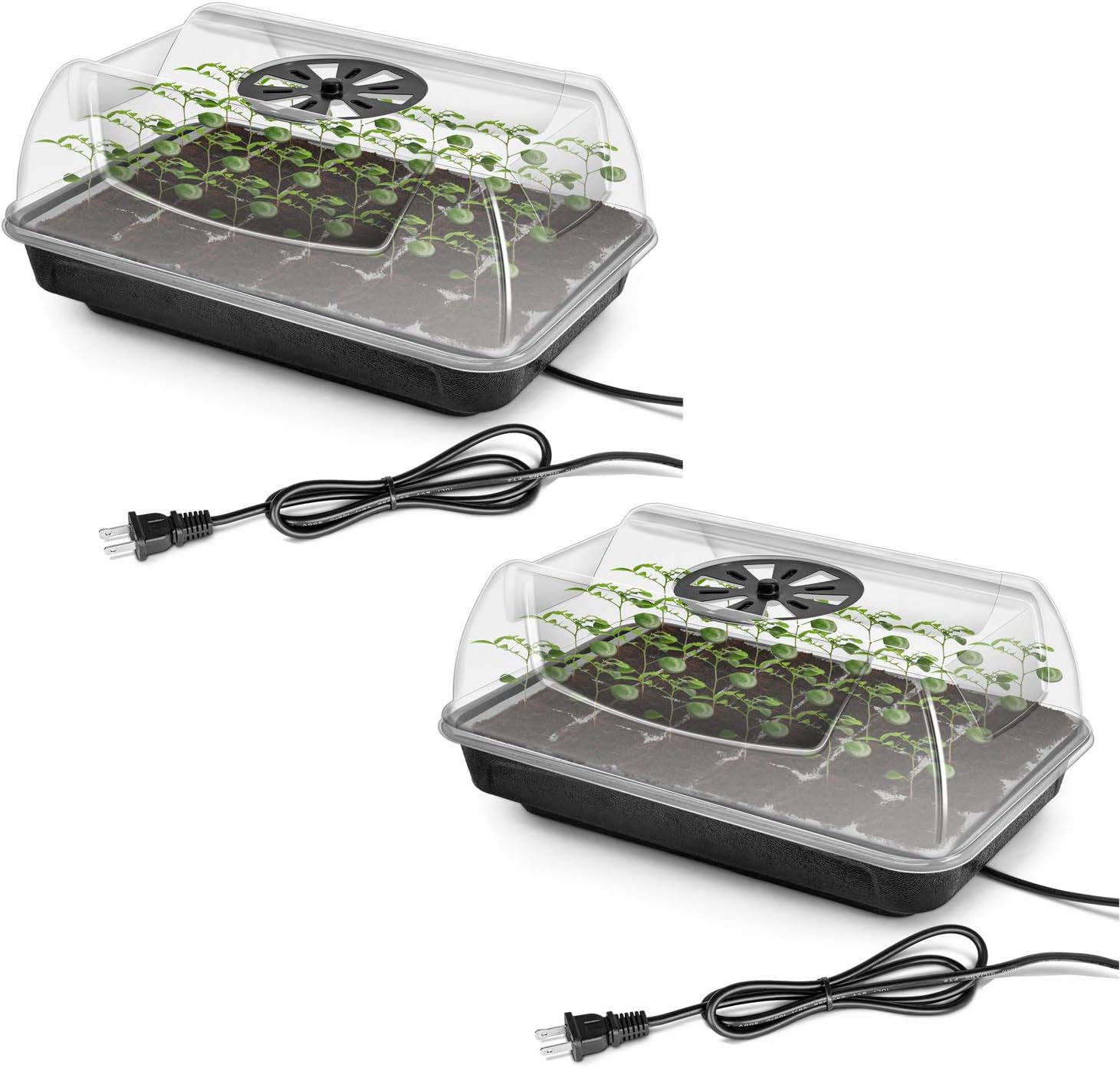 iPower Heating Seed Starter Germination Kit Seedling Propagation Tray with Heater and 5in Vented Humidity Dome, 2-Pack, Black&Transparent Modern 2-Pack Heat Tray