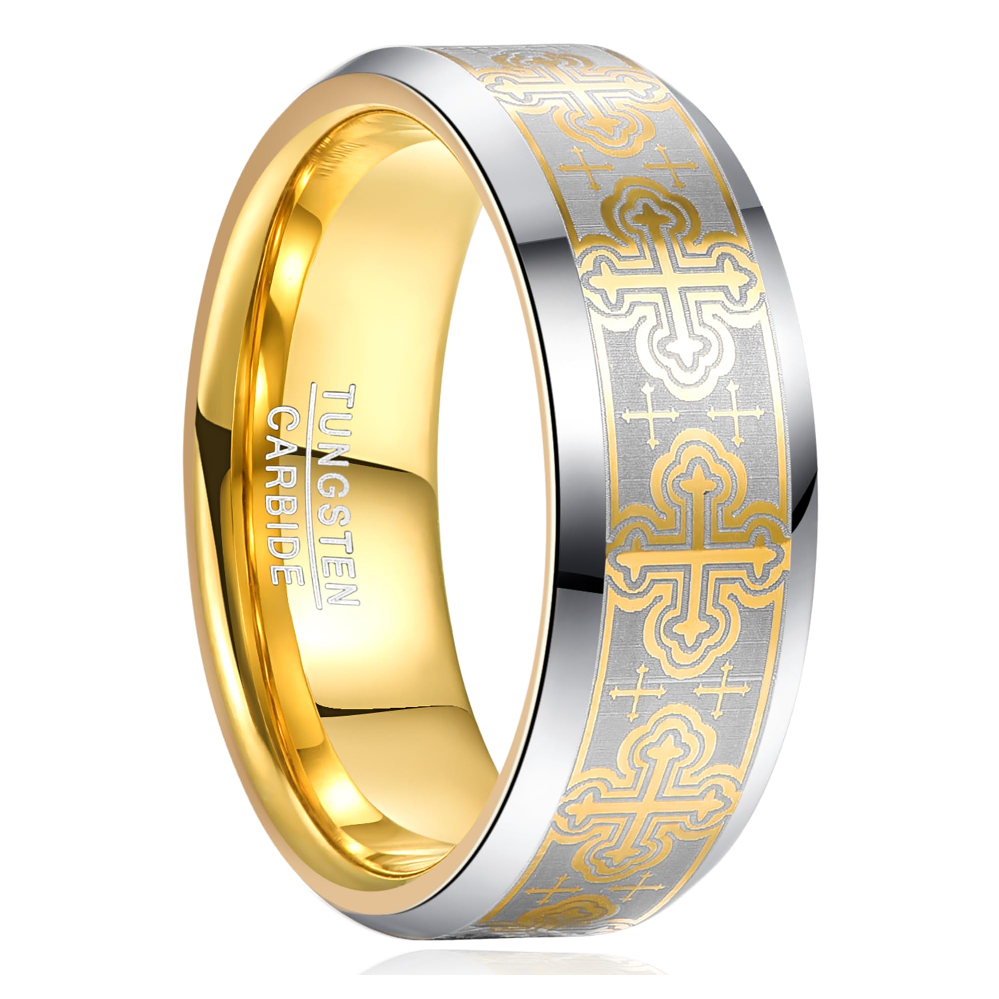 LINGMEI 8mm Mens Rings Tugsten ring Gold Ring for Men Prayer Cross Ring Tungsten Carbide Ring Wedding Ring Beveled Edge High Polished Comfort Fit Size 7-12
