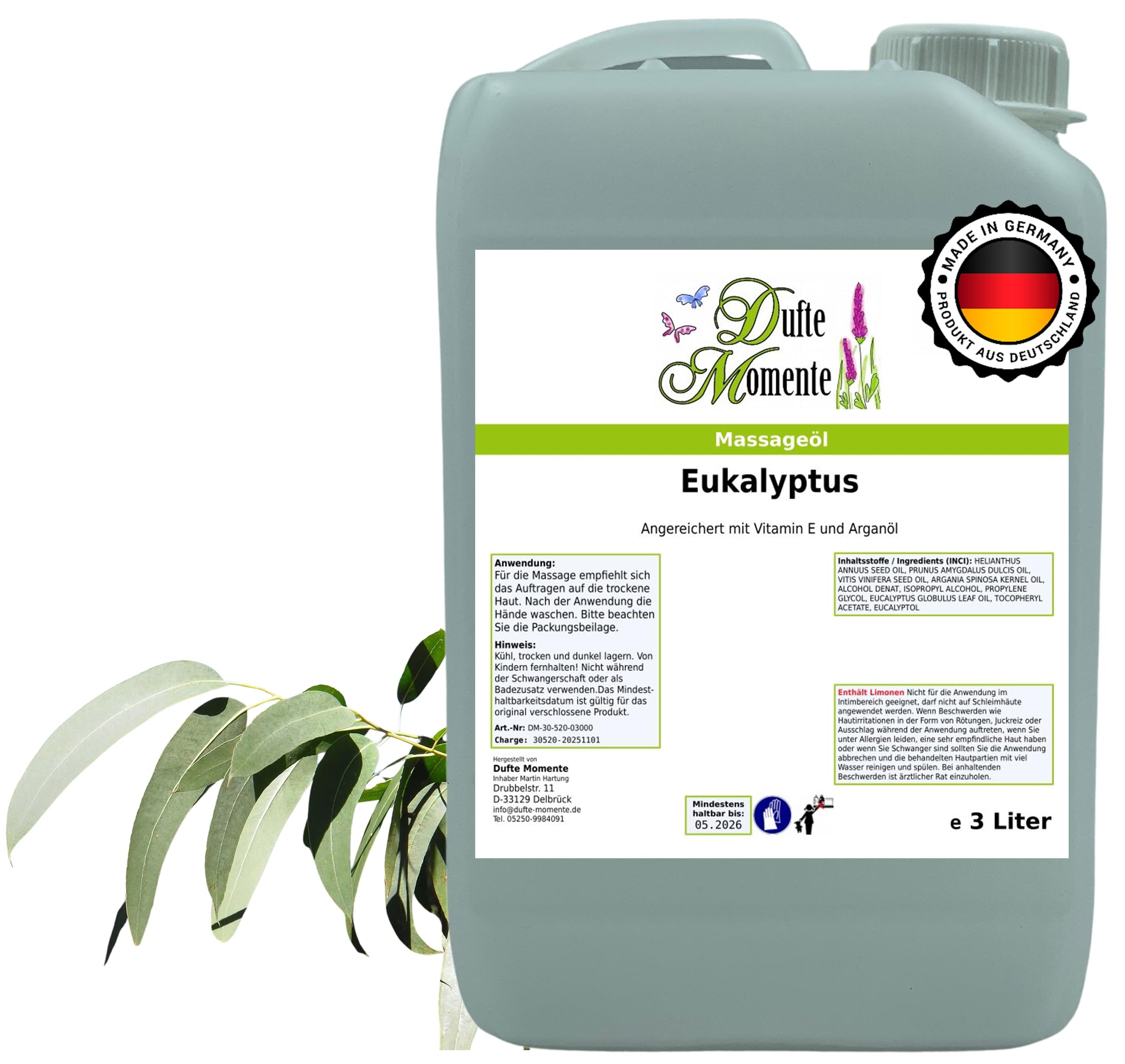 Dufte Momente Massageöl Eukalyptus – 3 Liter – Paraffinölbasis – klar & erfrischend – professionelle Gleitfähigkeit – für Massage, Sport & Wellness – Made in Germany