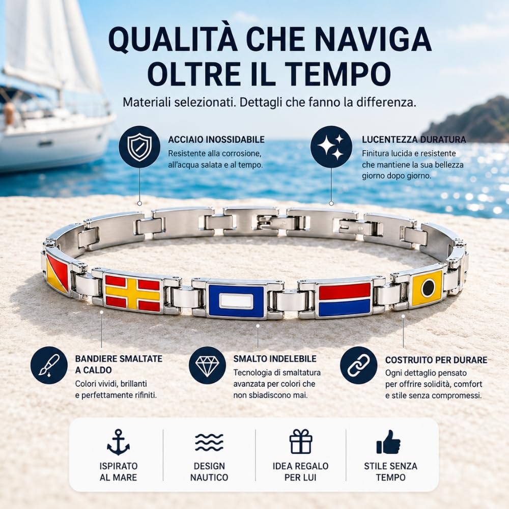 Bracciale Uomo con Bandiere Nautiche in Acciaio Inox e Smalto – Stile Mare Estate Vela Nautico – Idea Regalo Uomo