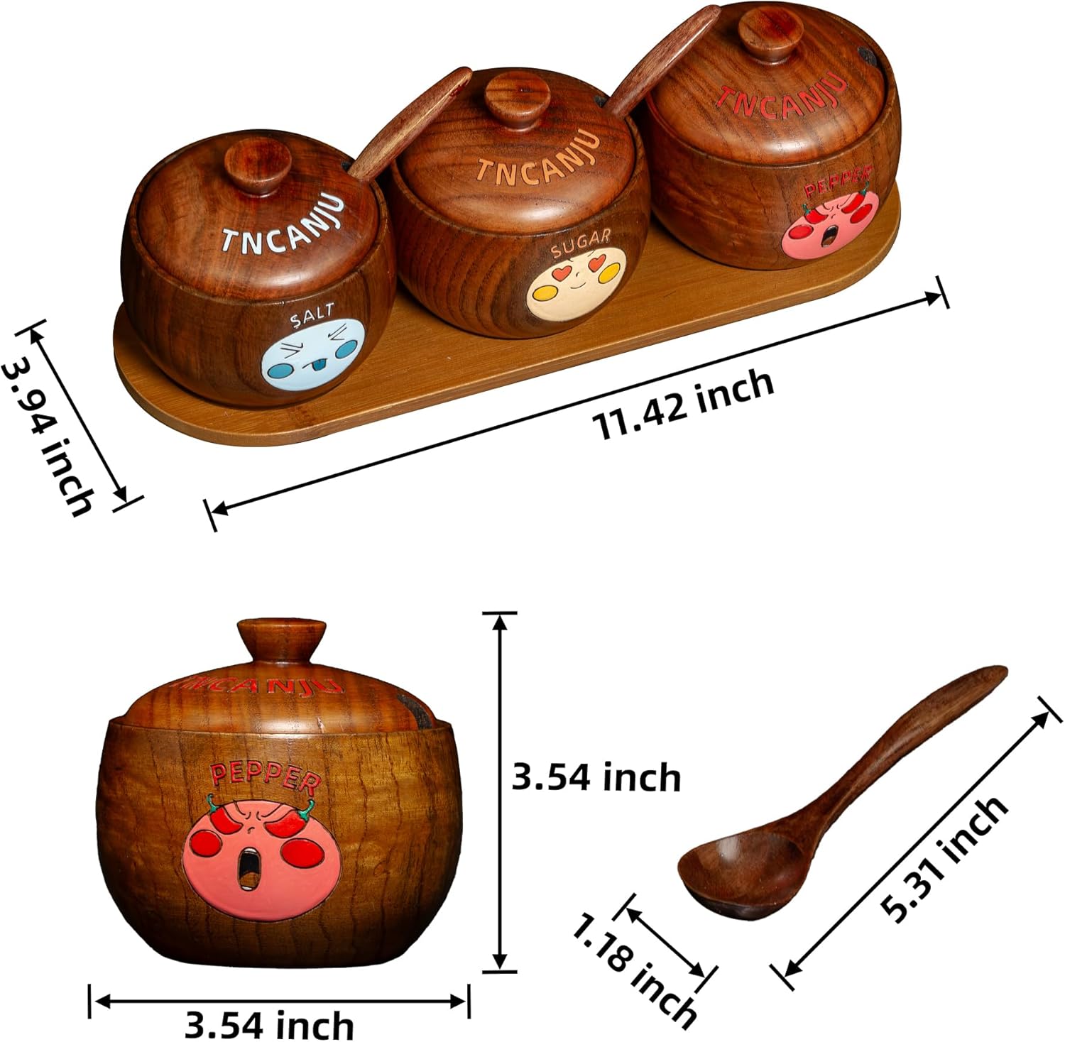 Hand-Painted Wooden Salt Sugar Pepper Container Set, 3-Piece Salt Containers for Countertop with Lids & Spoons, Mineral Paint Spice Jars with Laser Engraved Details & Tray for Kitchen