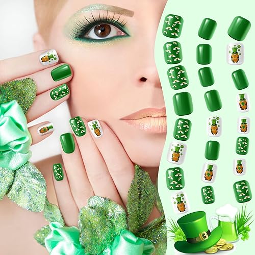 Miniatura 6 de 384 piezas 16 unidades de uñas postizas cortas a presión del día de San Patricio, uñas postizas cuadradas verdes, uñas artificiales acrílicas de