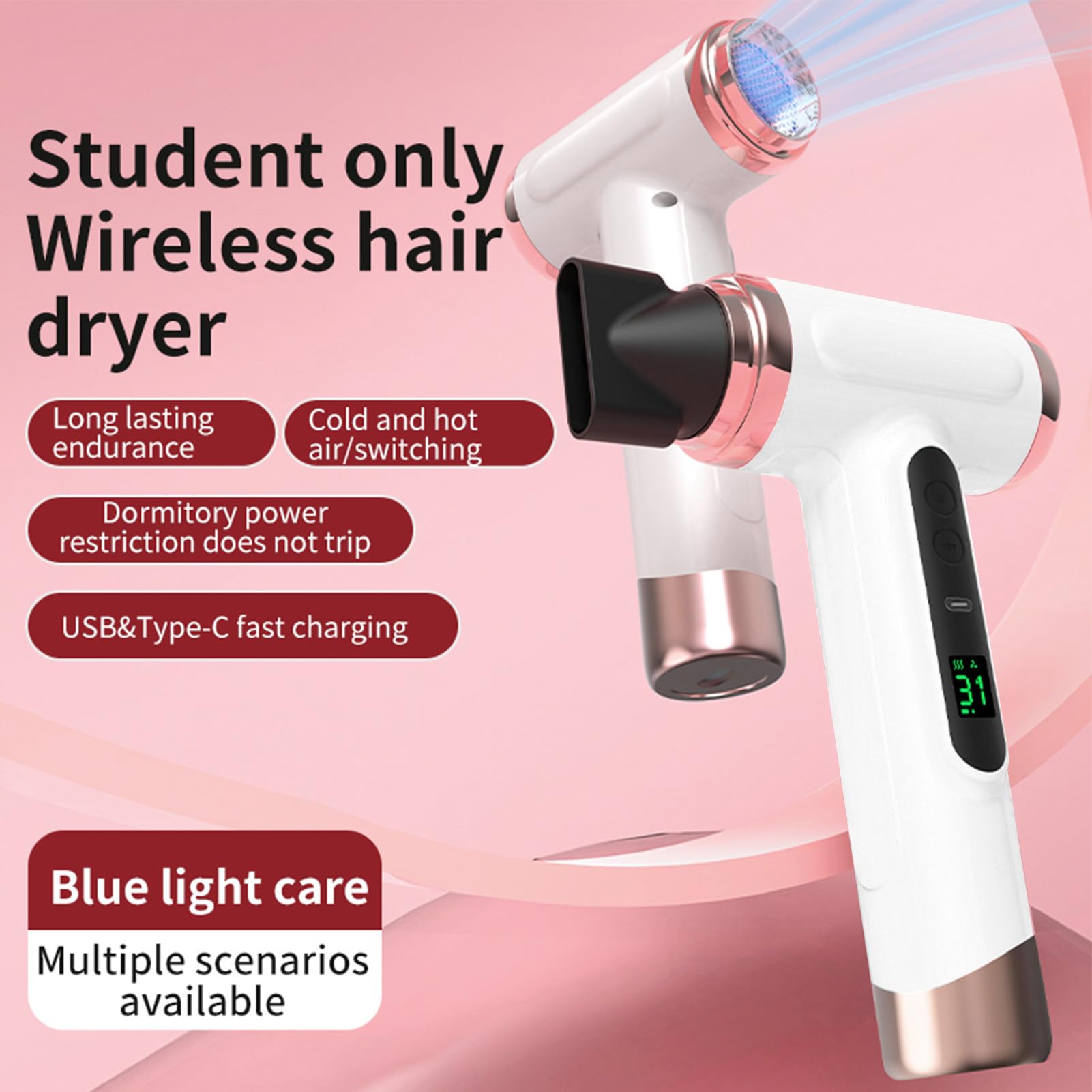 LICAEVEY Secador de Pelo Inalámbrico para Mujeres Estudiantes Dormitorio Camping Al Aire Libre, Secador de Pelo de Viaje Recargable por USB Portátil con Viento Frío y Caliente, (Enchufe de la UE)