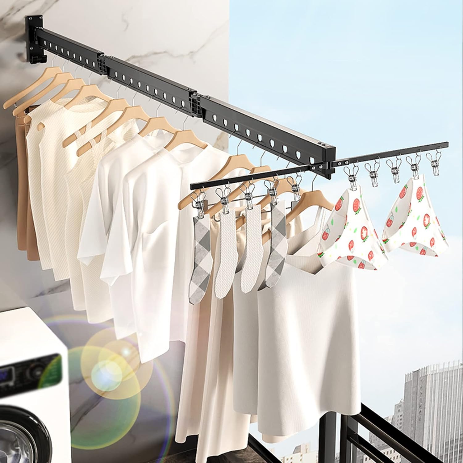 Foldable Portable Clothes Horse Airer - 3-Level Space-Saving Drying Rack for Indoor & Outdoor Use, Wall-Mounted Aluminum Alloy Clothes Rack, Black Color