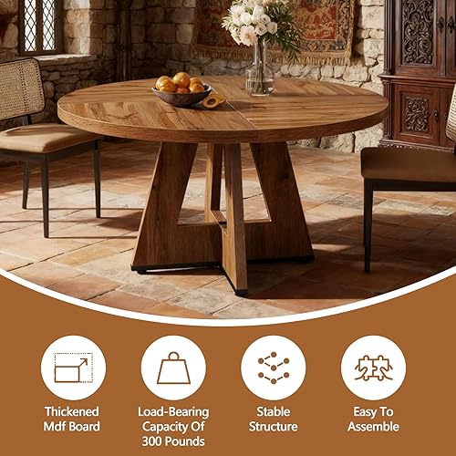 Miniatura 5 de Mesa de comedor redonda de 47 pulgadas, mesa de madera estilo granja para 4-6 personas, mesa de cocina rústica con soporte de metal, mesas de