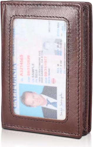 Cartera plegable de piel con bloqueo RFID con bolsillo frontal y ventana de identificación