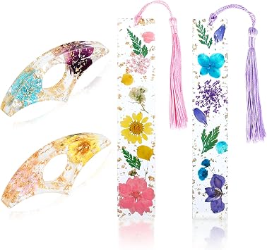 Rohuis Book Page Holder for Reading, 4Pcs Dried Flower Resin Thumb Saver and Transparent Bookmarks with Tassels, Book Accessories for Reading Lovers, Gift for Bookworm, Student, Teacher
