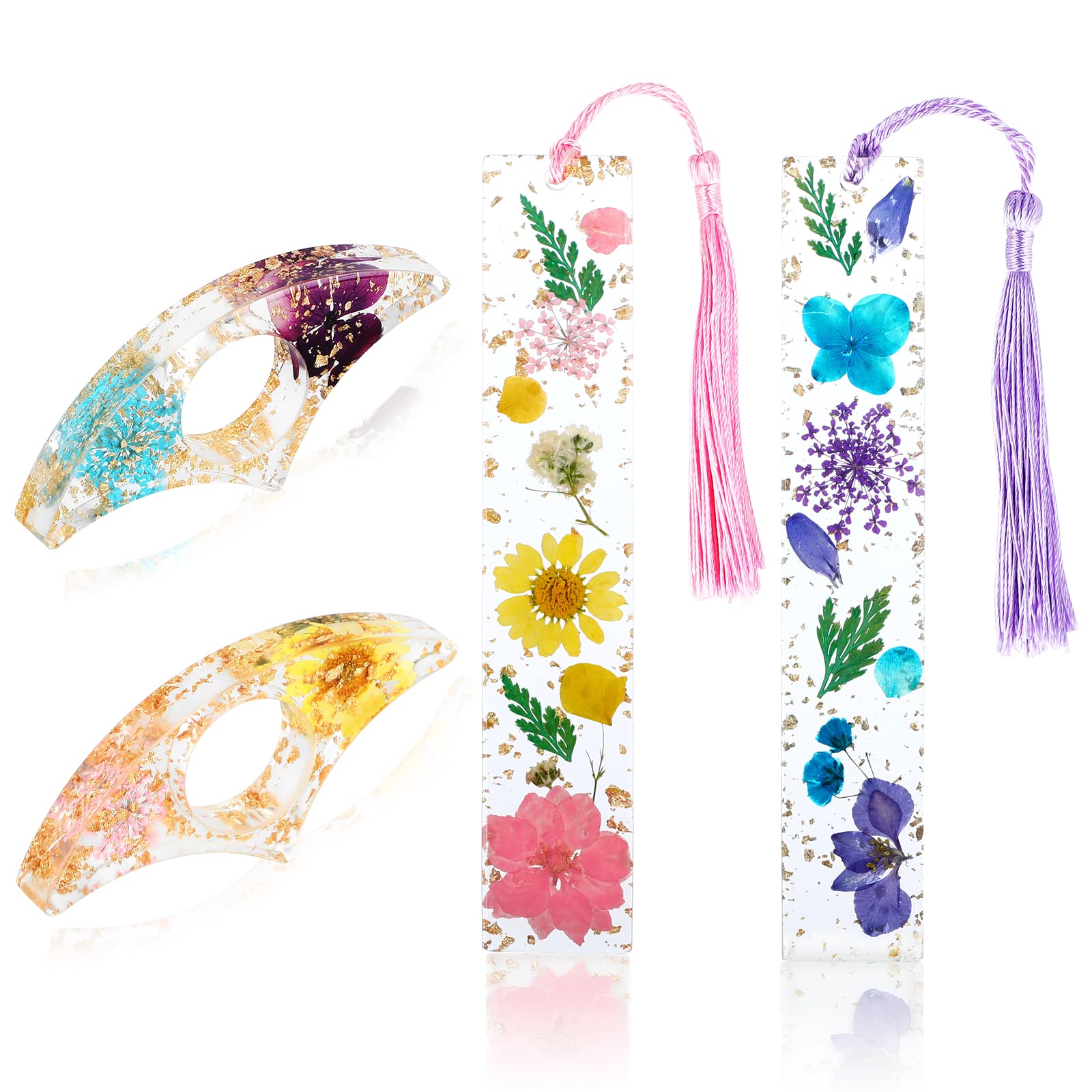 Rohuis Book Page Holder for Reading, 4Pcs Dried Flower Resin Thumb Saver and Transparent Bookmarks with Tassels, Book Accessories for Reading Lovers,