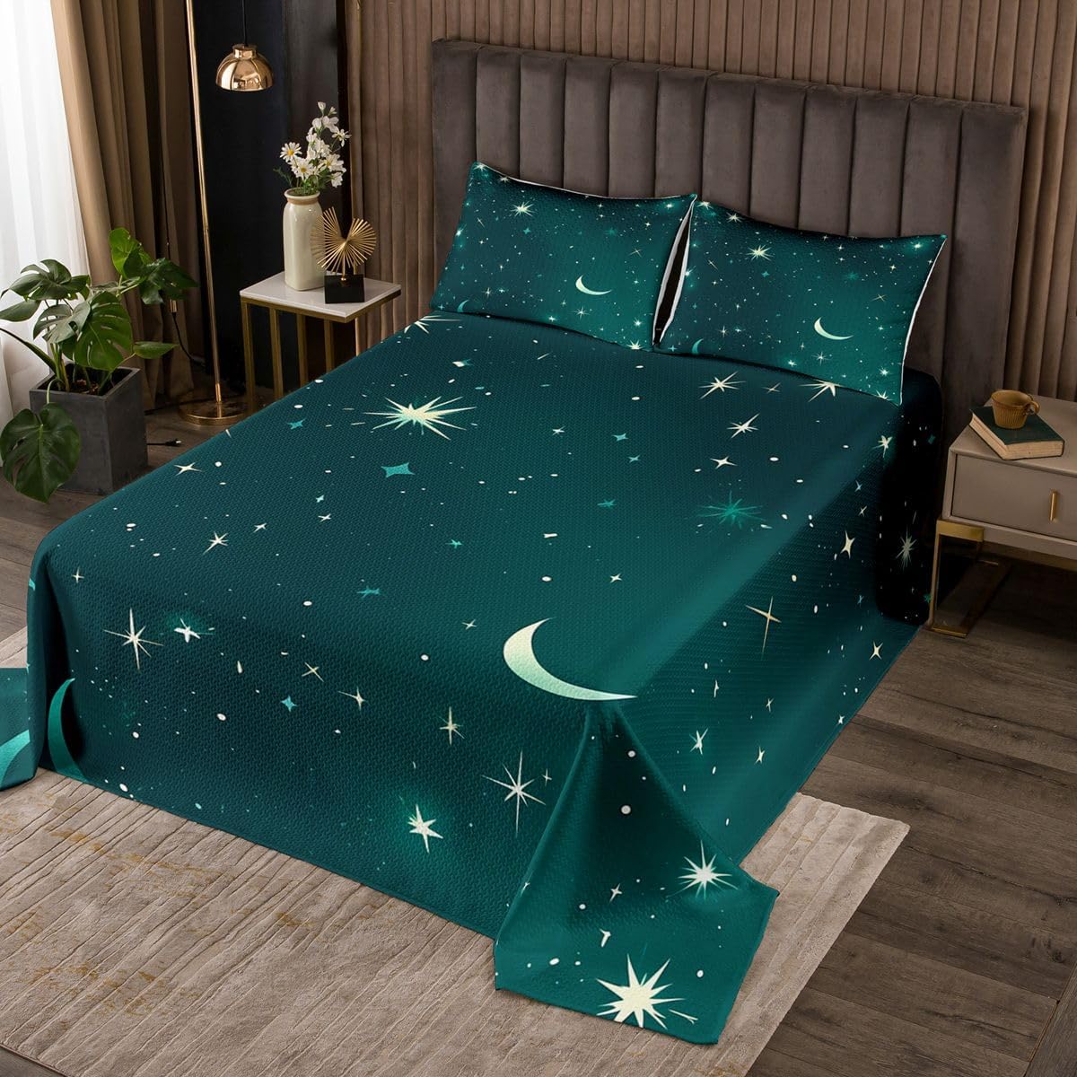 jejeloiu Purple Galaxy Bedspread Twin Size Night Starry Sky Coverlet Set Space Stars Moon Quilted Coverlet for All Season with 1 Pillowcase Glitter Microfiber Lightweight