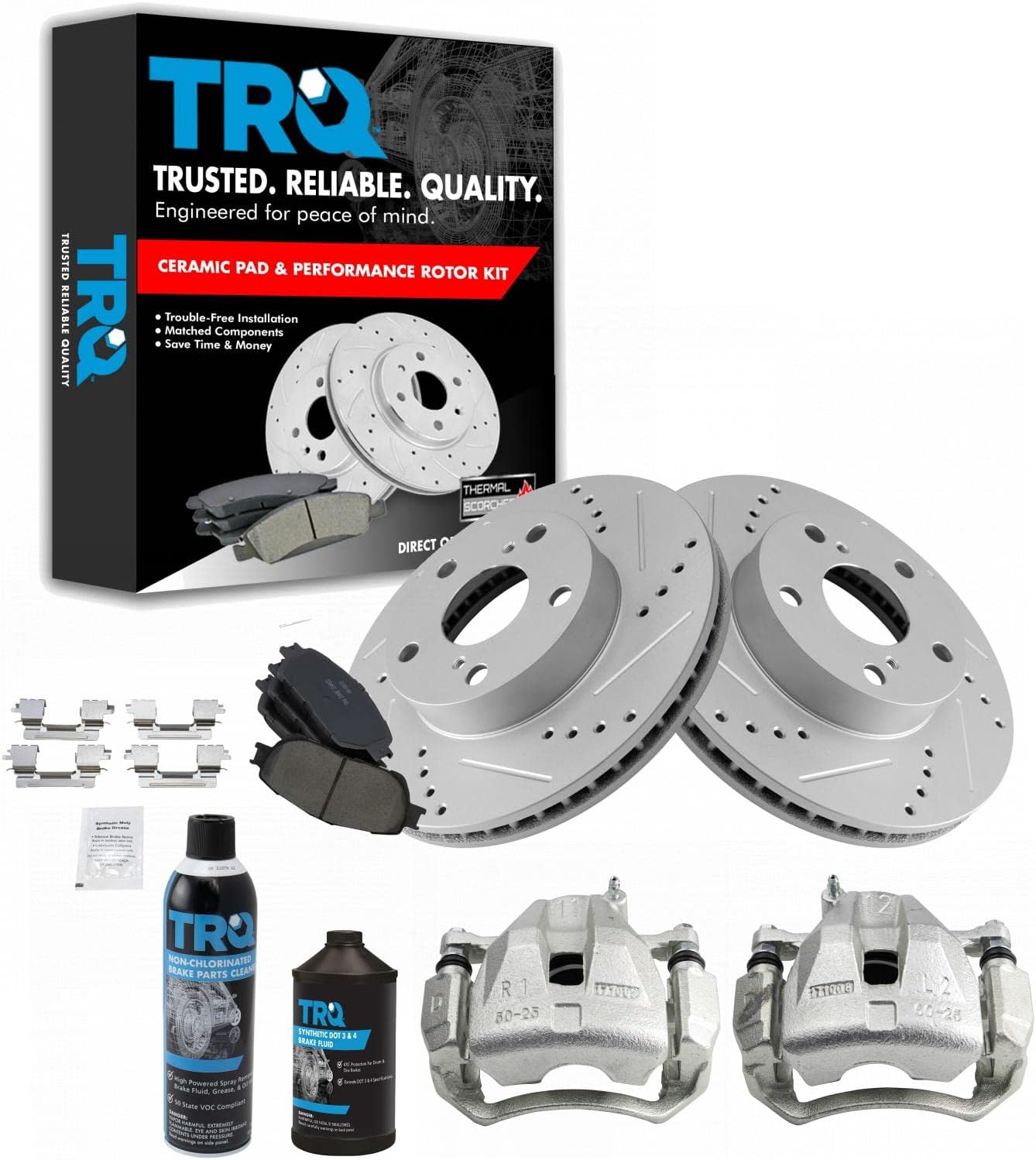 TRQ Front Performance Brake Pad & Rotor Kit Brake Caliper Brake Chemical Kit Brake Pads Brake Rotors Set Ceramic Compatible with 2005-2015 Toyota Tacoma