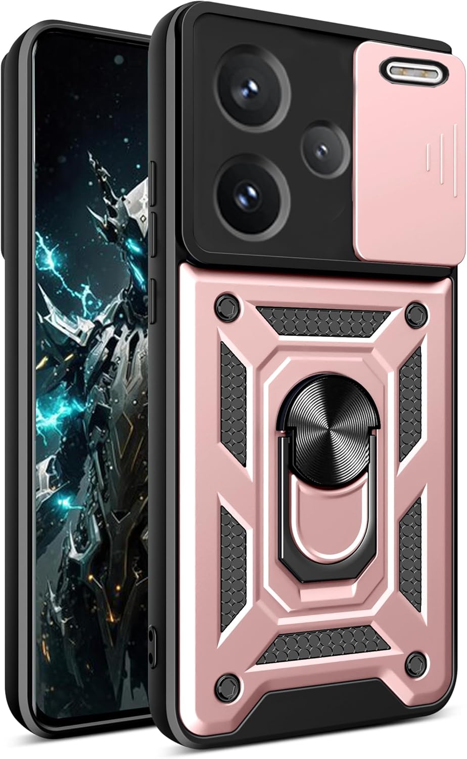 CSmall for Xiaomi Redmi Note 13 Pro+ 5G Case with Slide Camera Cover, Military Grade Rugged Shockproof Protective Phone Cover Case with Ring Kickstand for Redmi Note 13 Pro Plus 5G SJ Rose Gold