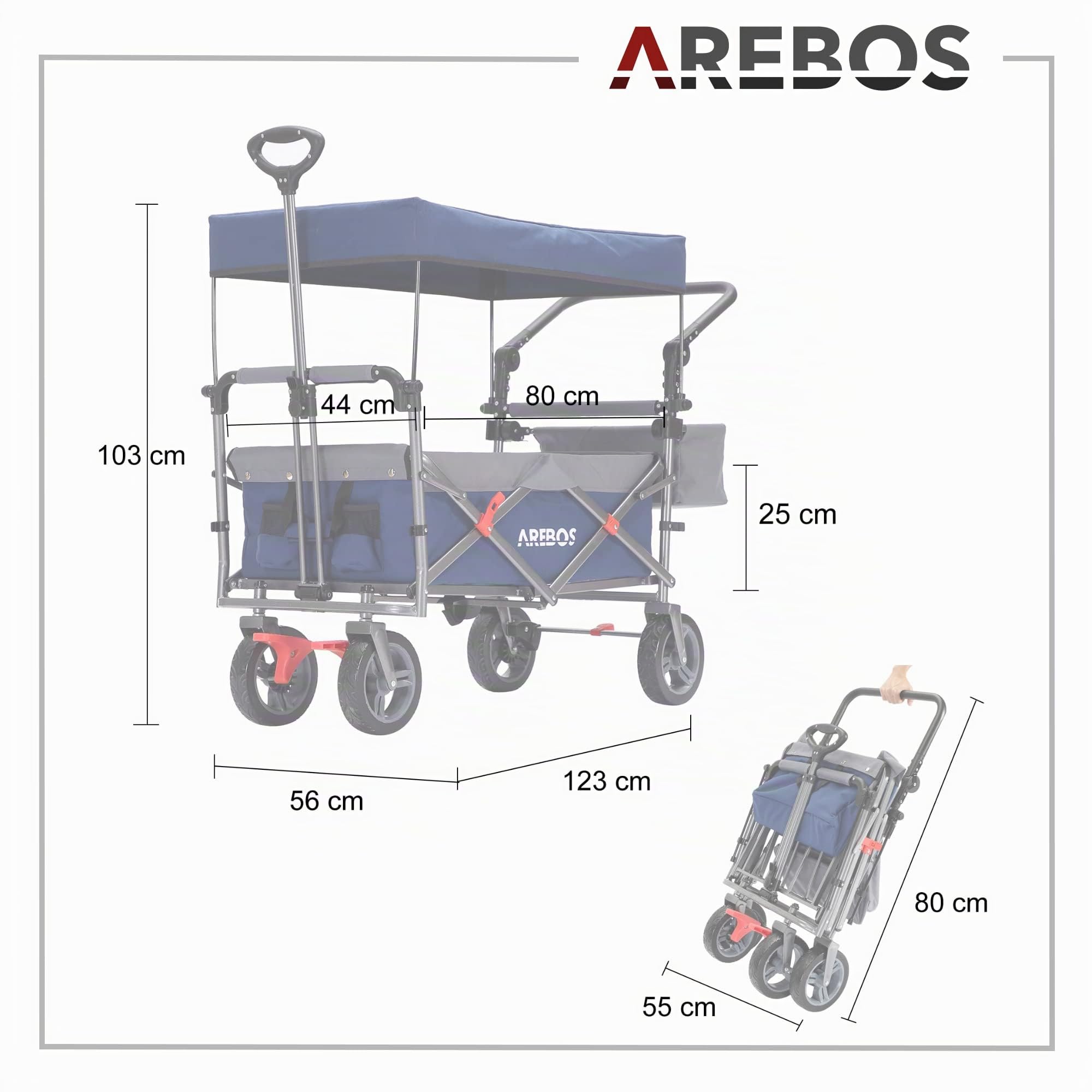 Arebos Chariot de Transport Pliable de qualité supérieure avec Toit | Chariot de Transport | Pliable | Jusqu'à 100 kg | Frein Avant et arrière | Bleu