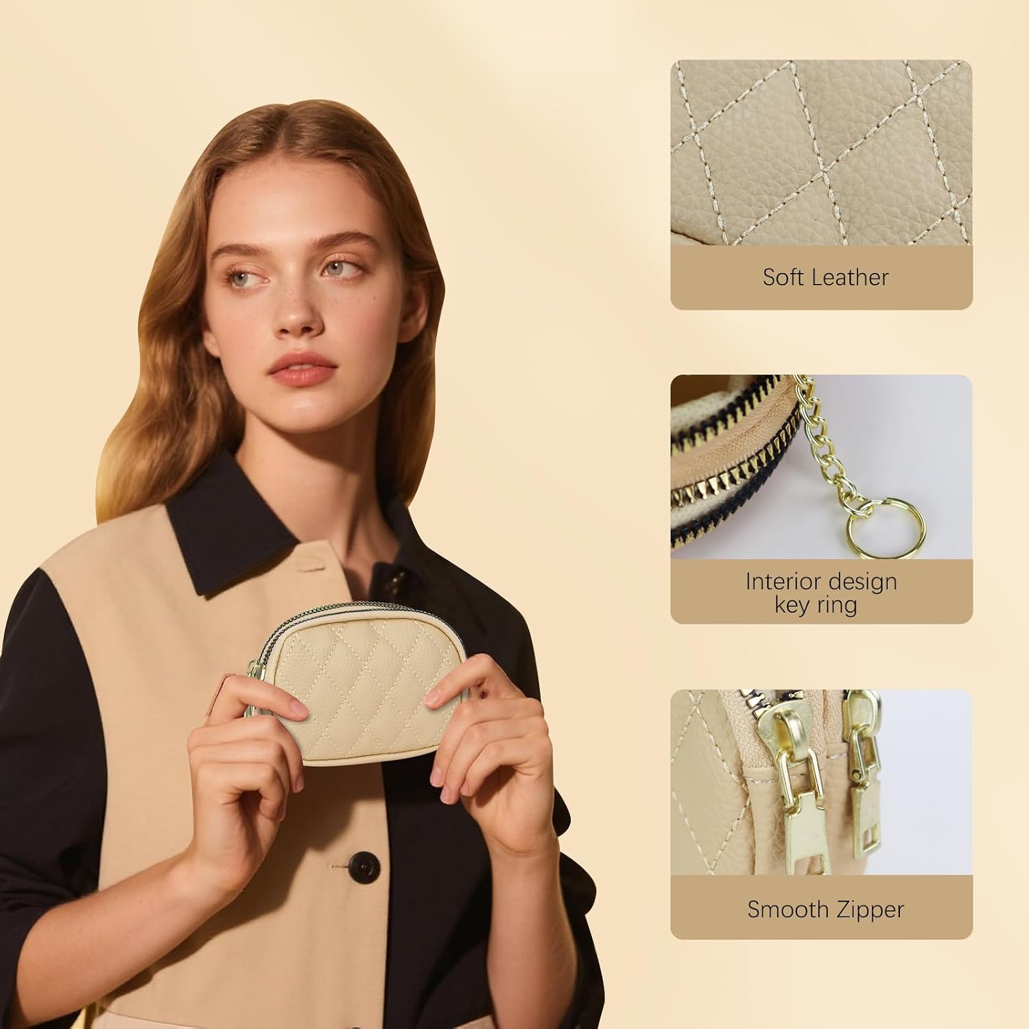 Coin Purse for Women, PU Leather Change Purse Coin Pouch Small Wallet with Keychain, Double Zipper Mini Wallet for Change Coin Cards (Beige)