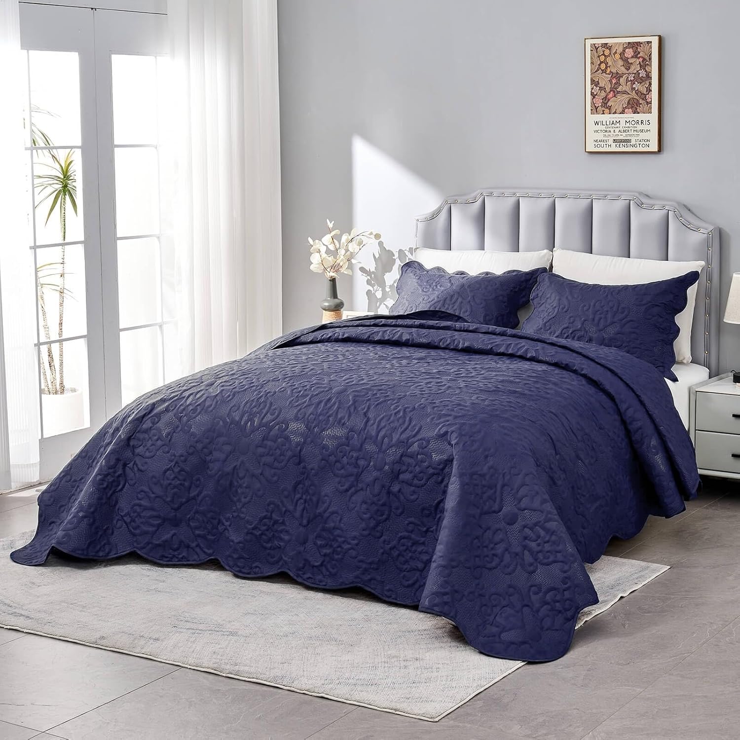 Oversized King Bedspreads 128x120 for Extra Tall King/California King Bed Lightweight Quilted Coverlet Set 3 Pieces 1 Quilt 2 Pillow Shams Patriot Blue