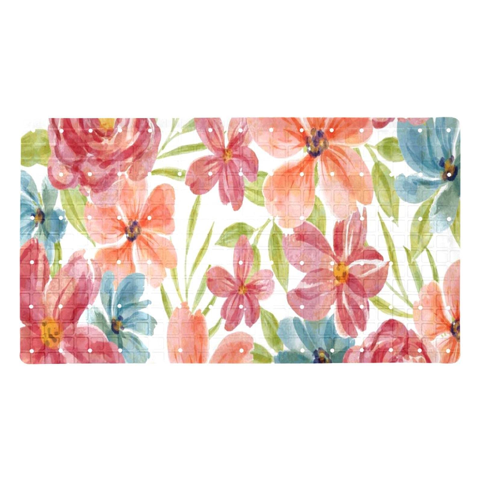 Tapis de bain antidérapant à ventouses et motif floral aquarelle doux pour douche