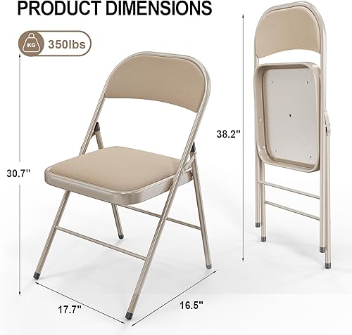 Miniatura 3 de VINGLI Paquete de 4 sillas plegables con asientos acolchados, marco de metal con asiento y respaldo de tela, capacidad de 350 libras, color caqui,