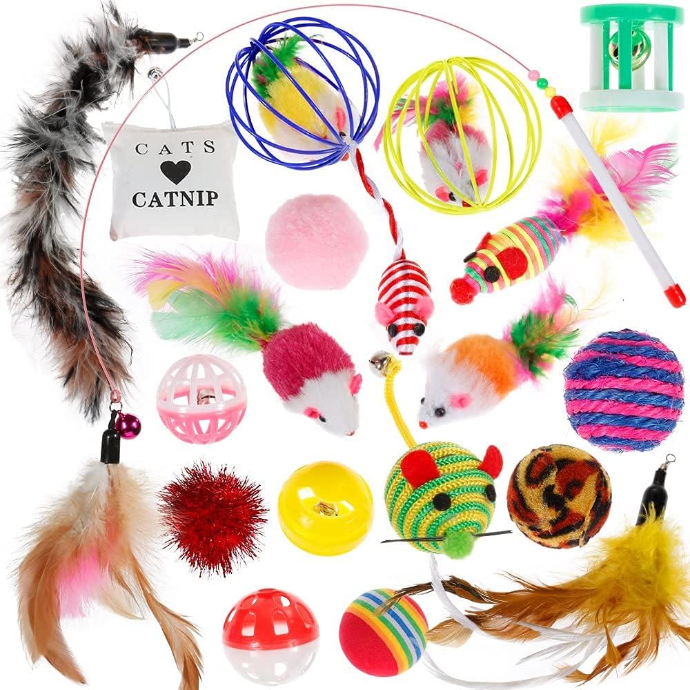 Mumoo BearCat Toys for Indoor Cats Kitten Plush Catnip Toy Cat Teeth Cleaning Toys Interactive Cat Feather Teaser Wand Spring Toy (20Pcs)