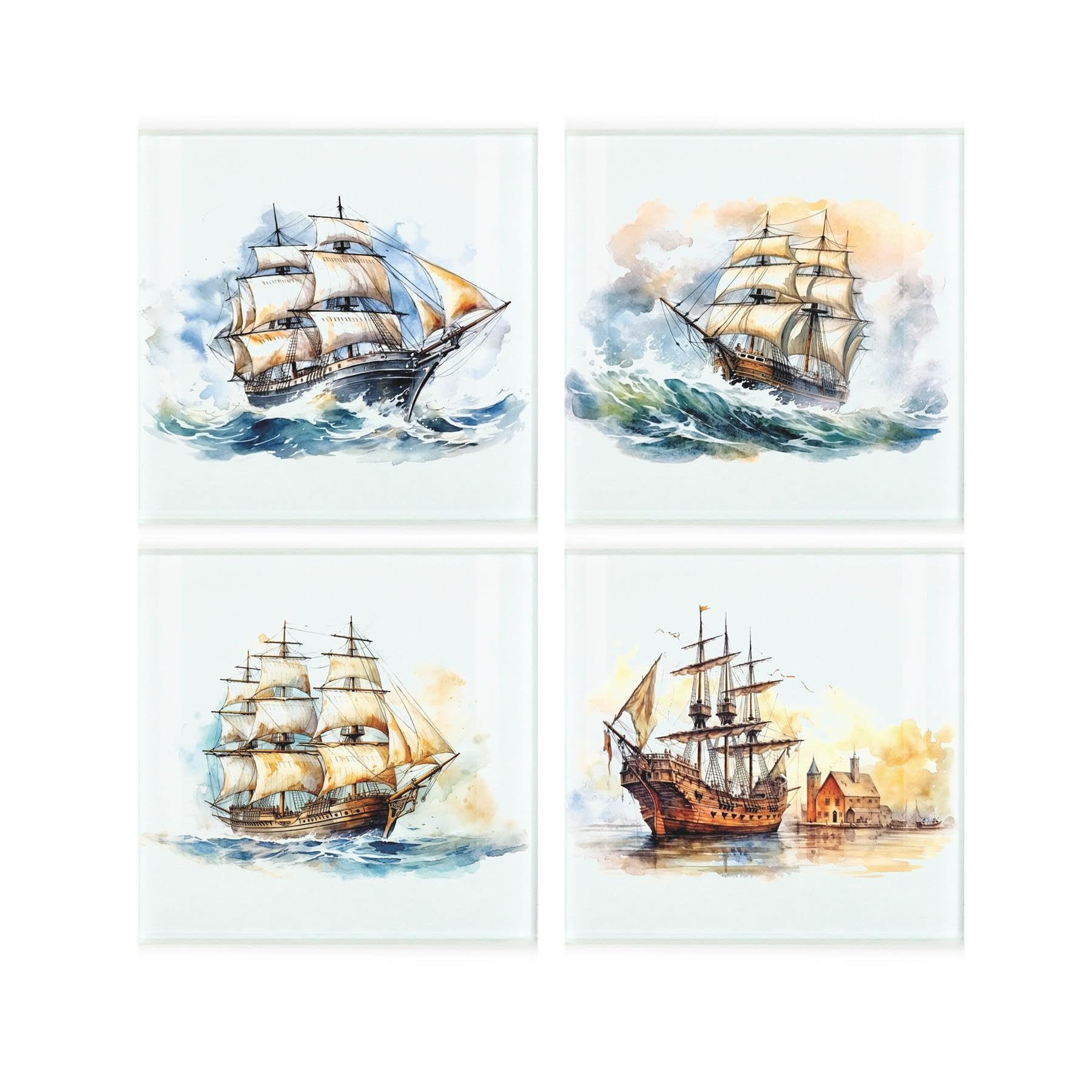 Pirate Ships Coaster Set - Square Glass Painted Scene Design - Set of Four (4) Coasters