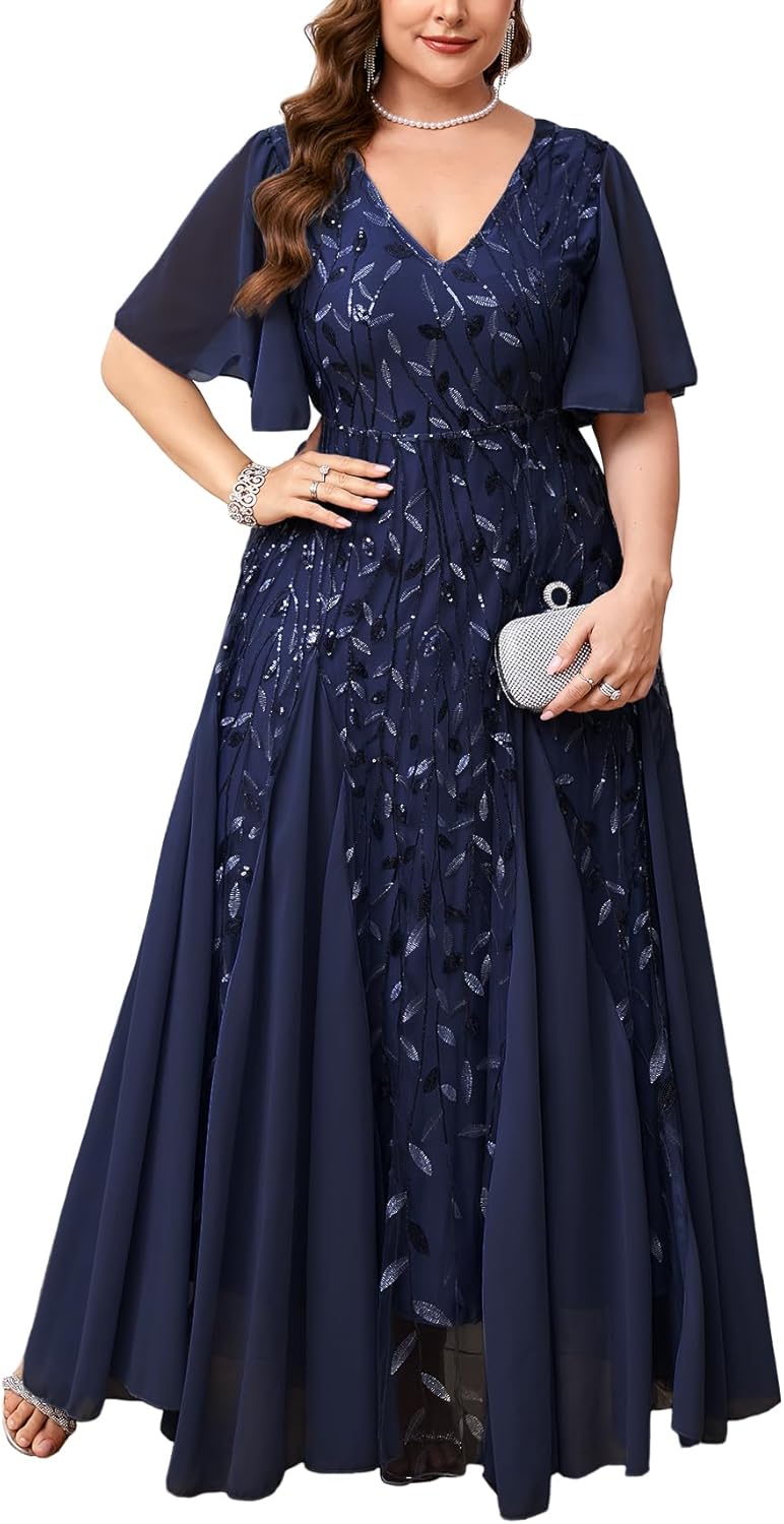 ZOMVA Plus Size 0X-4X Sequin Embroidery Formal Long Dress Glitter V-Neck A Line Prom Dress Wedding Evening Gown