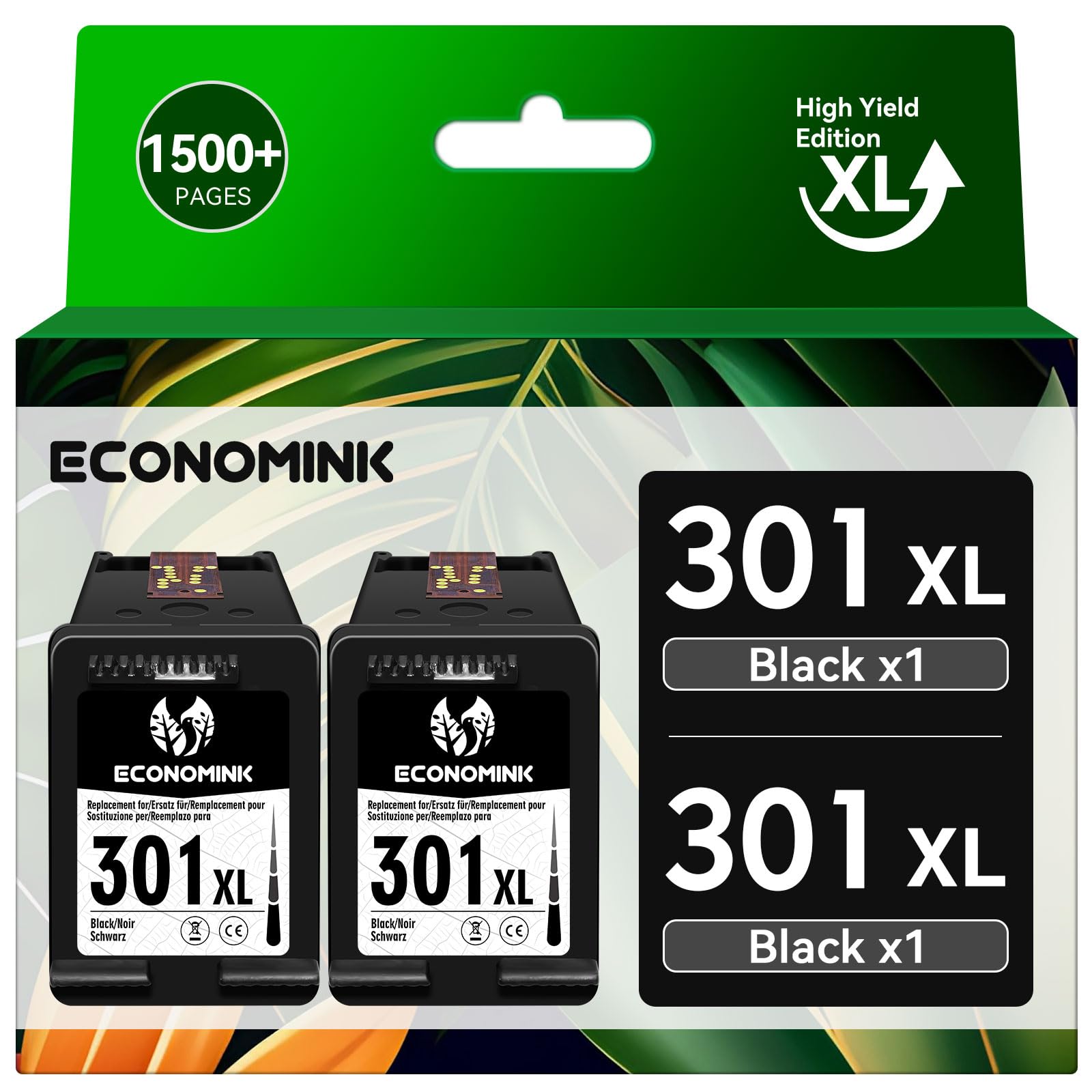 301XL Ink Cartridges High Yield Replacement for HP 301 Black Ink Cartridge, 301XL Black for 3050 1050 2544 4500 4504 2620 4630 4632 4634 Printer (2 Pack)
