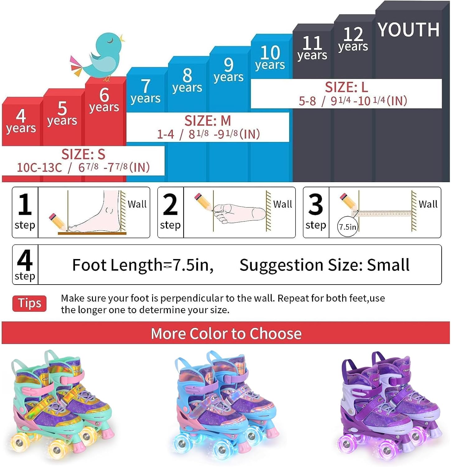 Nattork Kids Roller Skates for Girls Kids, 4 Sizes Adjustable Quad Skates Reflective Love Hearts with All Light up Wheels - Birthday Gift for Indoor Outdoor Sports - Image 5